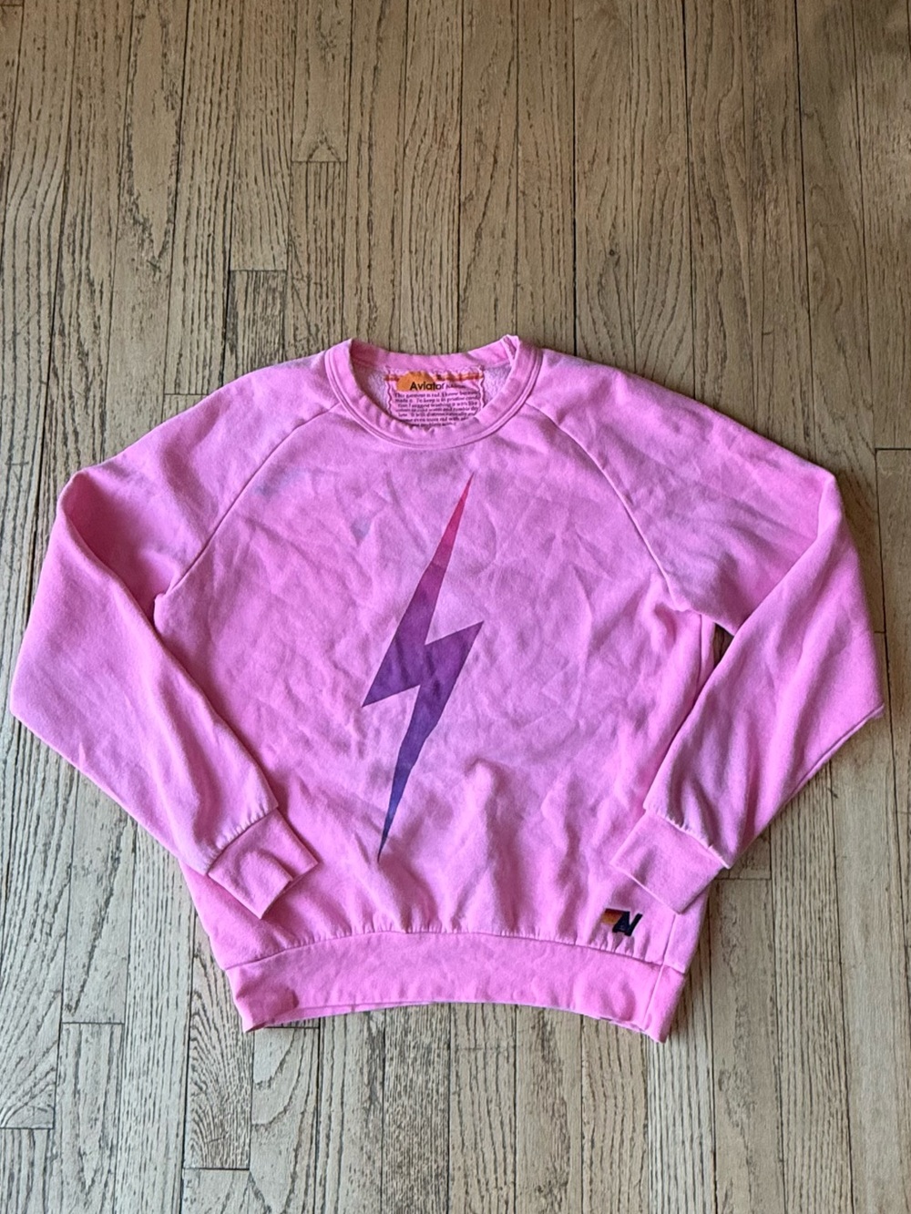 Aviator Nation Pink Crewneck with Purple Lightning Bolt